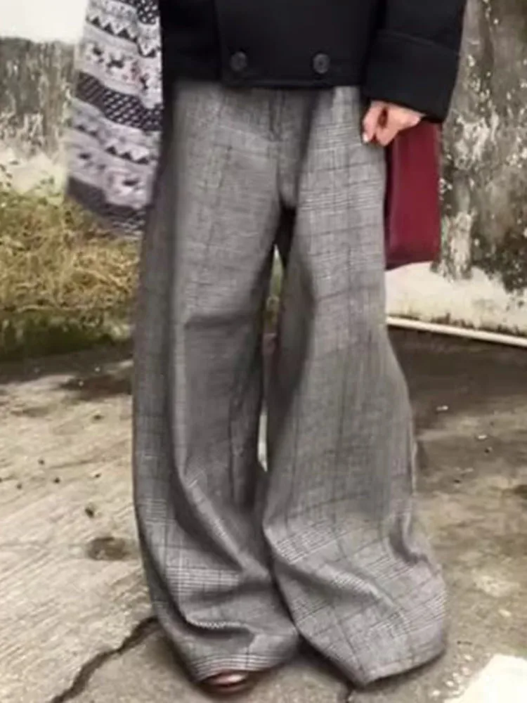 PBAP-pantalones de traje de Tweed a cuadros para mujer, pantalones plisados de cintura alta con bolsillos, pantalones de vestir de pierna ancha holgados, ropa Formal informal de oficina