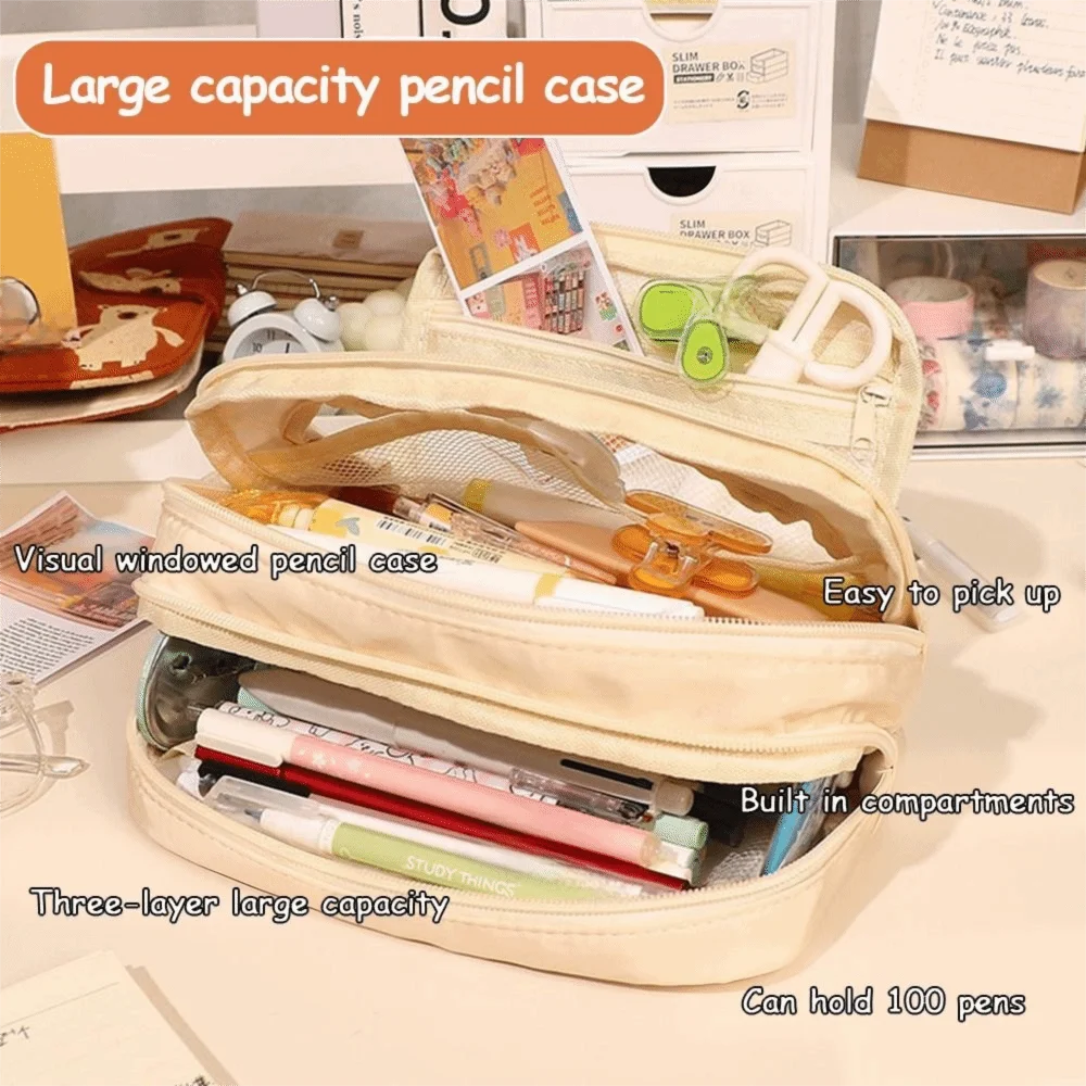 Portable Large Capacity Pencil Bag Multi-layer Solid Color Pen Pouch Pencil Case Students Supplies