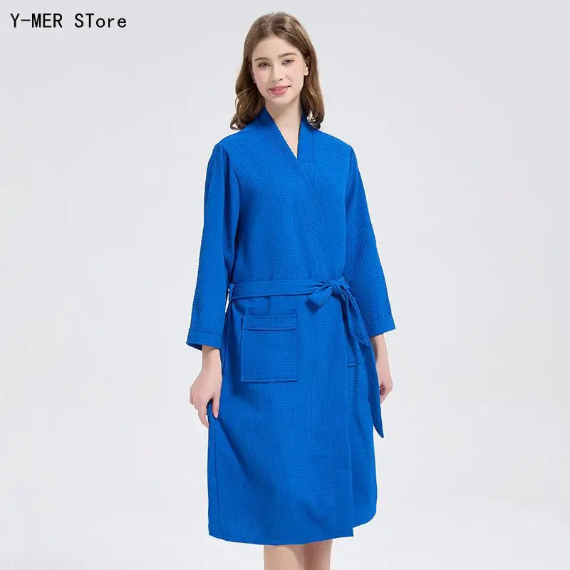 Female New Loungewear Nightwear Women Waffle Weave Bathrobe Kimono Gown Solid Color Belt Homewear Robe Sleepwear Casual Loose