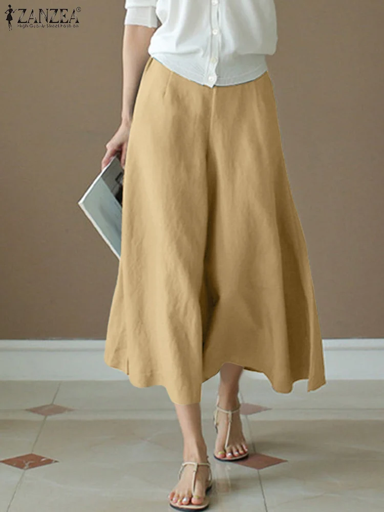 ZANZEA レディース カジュアル ワイドレッグパンツ 2025 秋 ルーズ 伸縮性 ハイウエスト クリンクル加工 無地 ズボン パラッツォパンツ