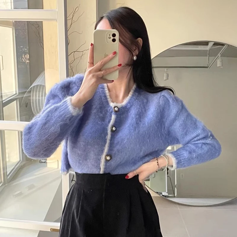 Suéter corto de punto otoñal e para mujer, cárdigan abierto con bloques de Color suave y botones, ropa de abrigo cálid...