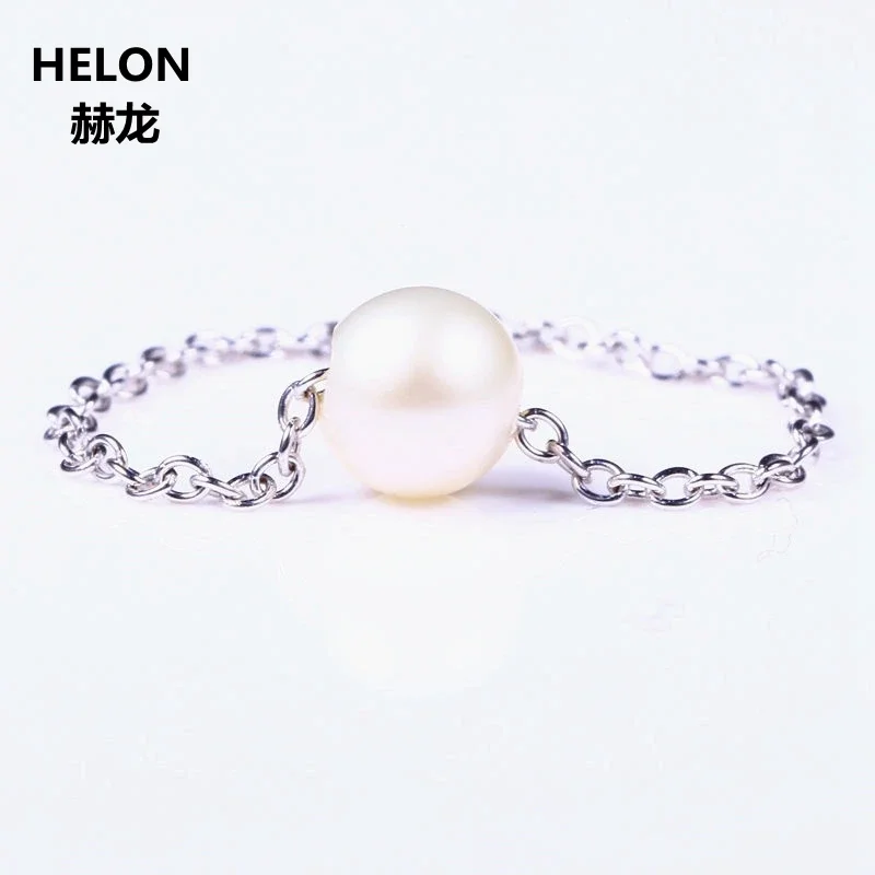 

Solid 18k White Gold Women Engagement Wedding Ring Finger Chain Natural Freshwater Pearl Trendy Fine Jewelry