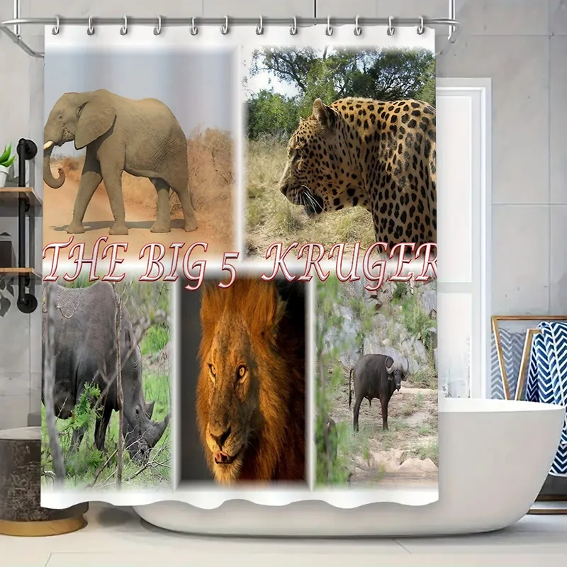 

Занавеска для душа Big 5. Kruger, декор с африканским животным принтом для ванной комнаты, доступный индивидуальный размер (слон, леопард, носорог, буйвол)