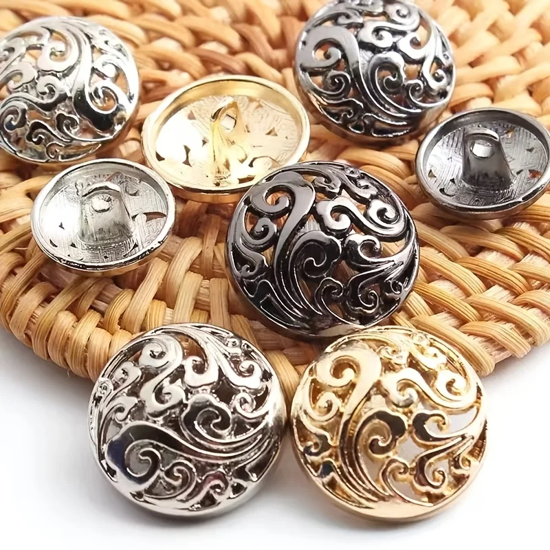 10 Retro Hollowed Out Metal Buttons, Suitable for Sewing - Multiple Sizes 15/25mm, Ideal for DIY Shirts, Jackets, and Outerwear