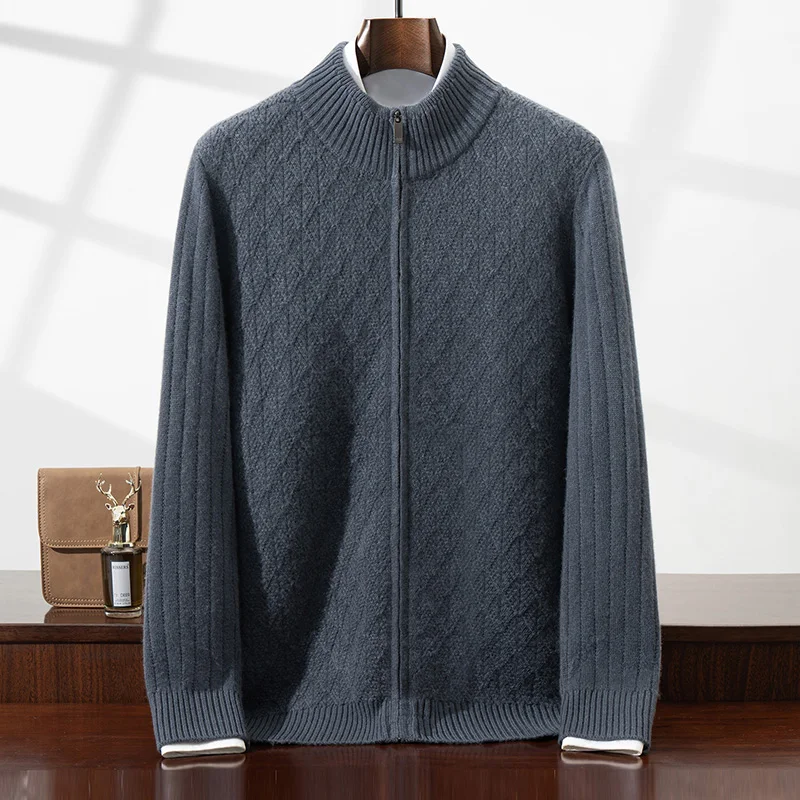 

New Men's Thickened Cardigan Alana Knitted Jacket 100% Cashmere Sweater Half Turtleneck Sweater Autumn Winter Zipper Top