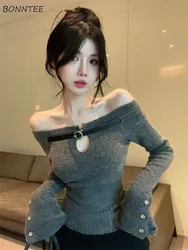 Slash Neck T-shirts Women Clothes Knitted Slim Club Wear Sexy Hollow Out Design Elegant Y2k Tops Fashion Autumn Winter Футболка