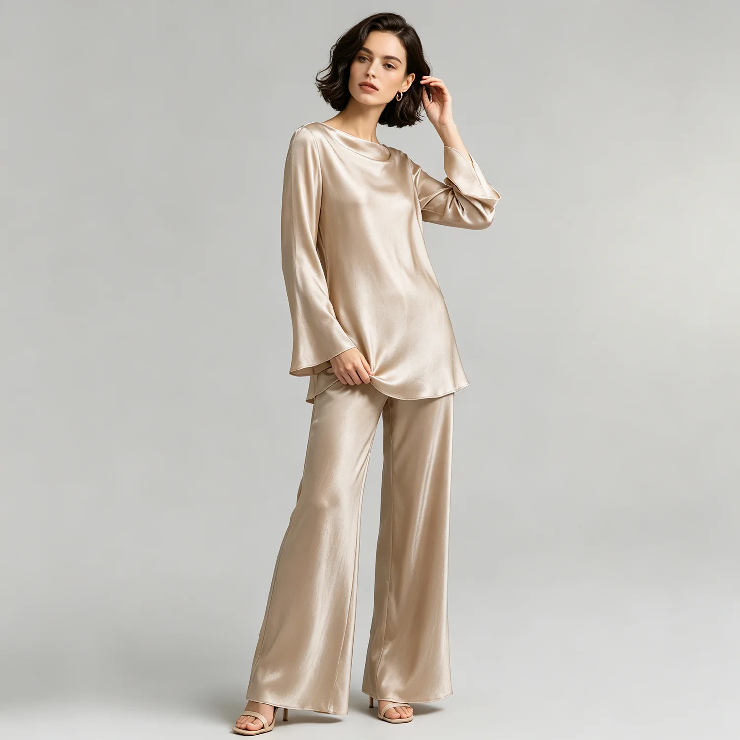 Satin Women Matching Two Piece Set Cowl Neck Flare Sleeve Top Back Tie Wide Leg Pants Elegant Office Suit