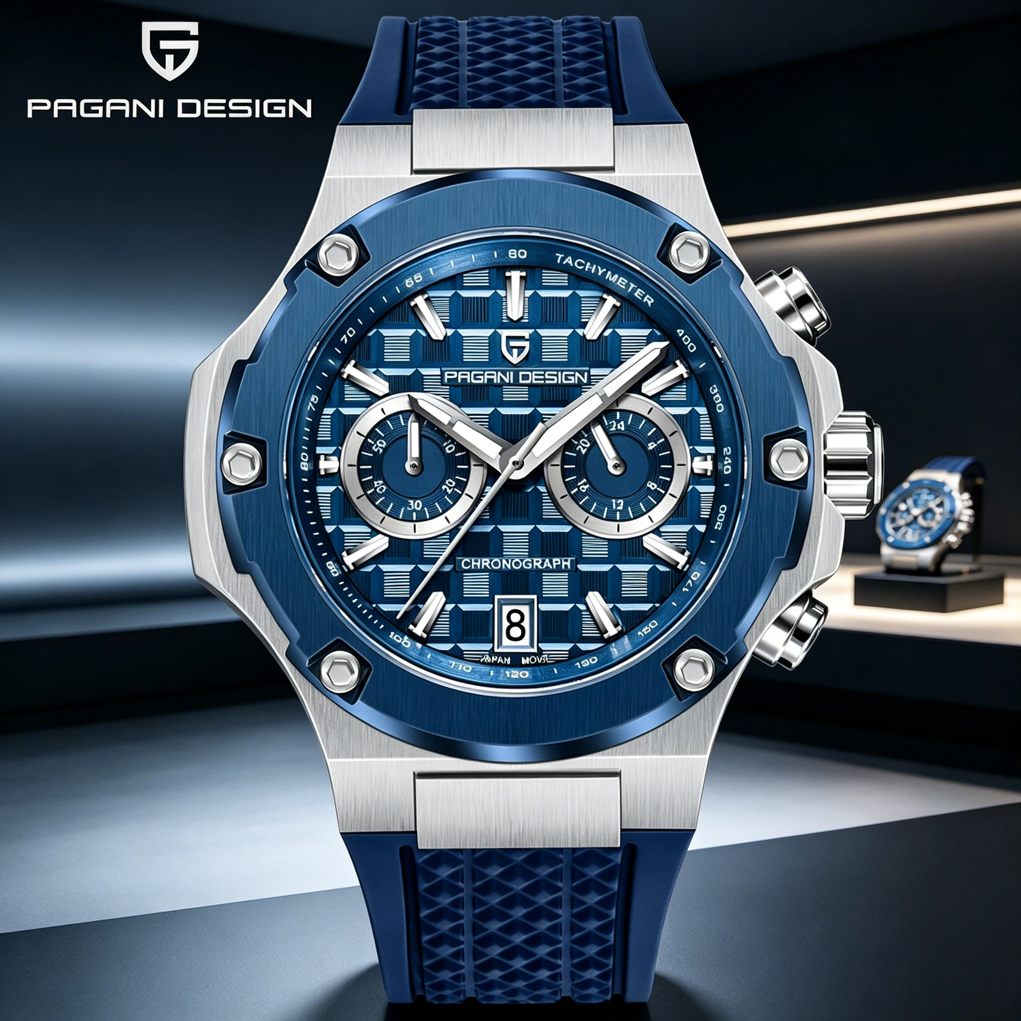 PAGANI DESIGN Neue 44MM Herren Quarzuhren TMI VK64 Fluorkautschuk-Armband AR Saphirglas Wasserdicht Kalender Leuchtende Uhren