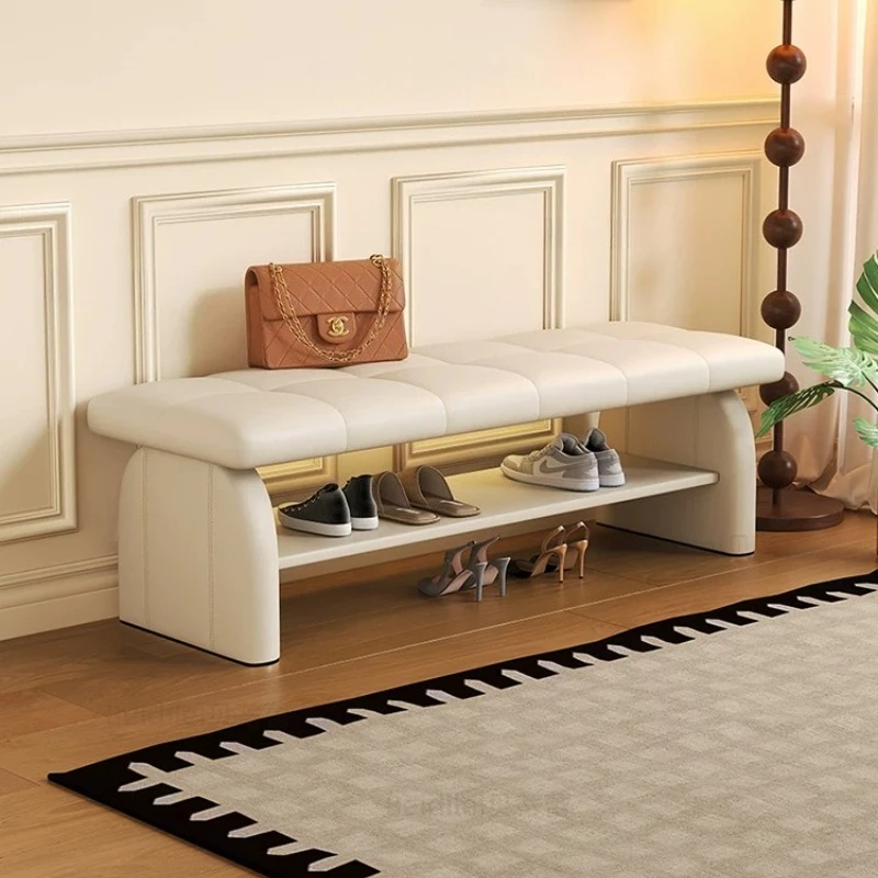 *Light Luxury Leather Entryway Shoe Bench Double Tier Open Storage Foot Stool with Motion Sensor Light for Hallway & Front Door