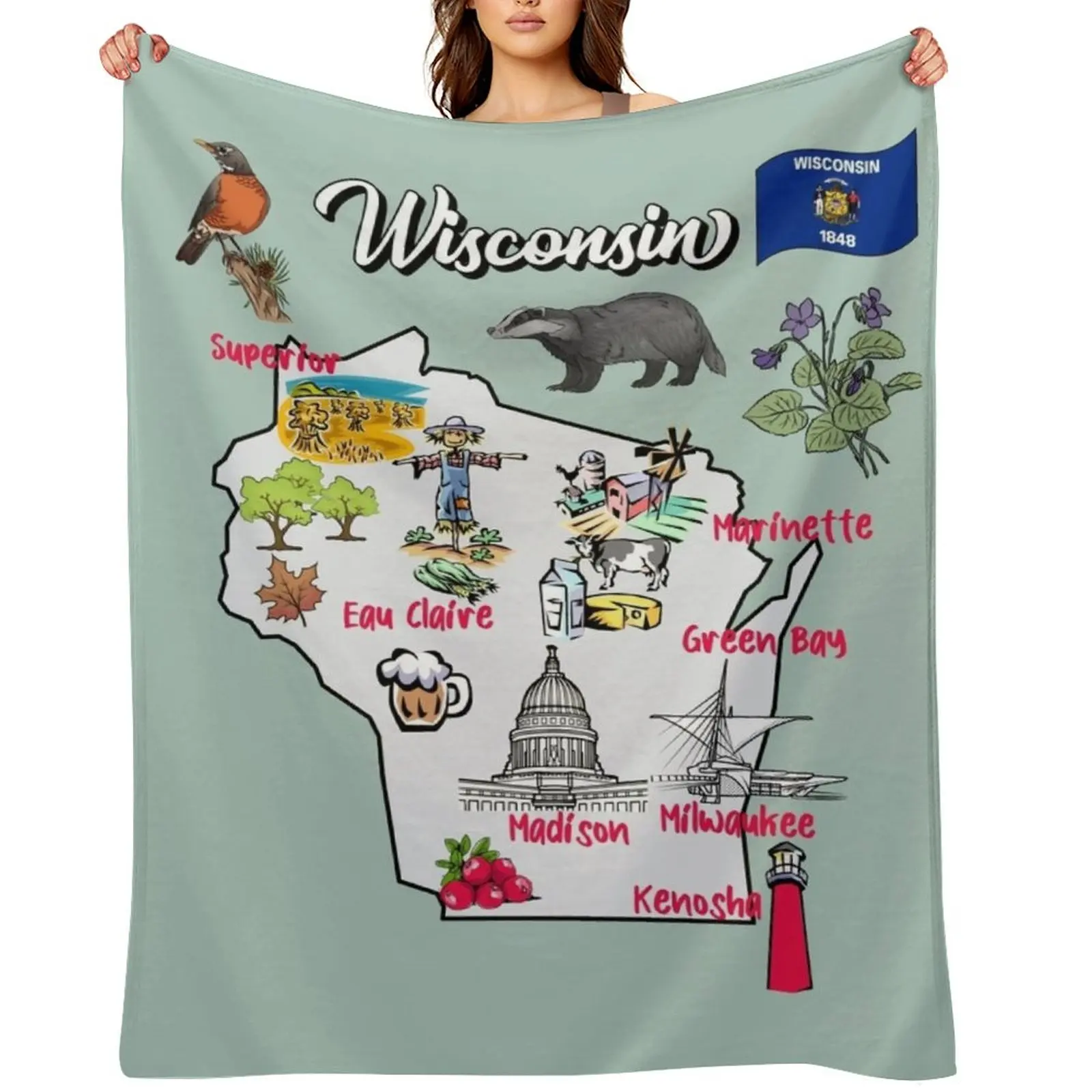 

Hand Drawn Illustration of Wisconsin Map with Tourist Destinations, attractions, USA Throw Blanket Weighted Beautifuls Blankets