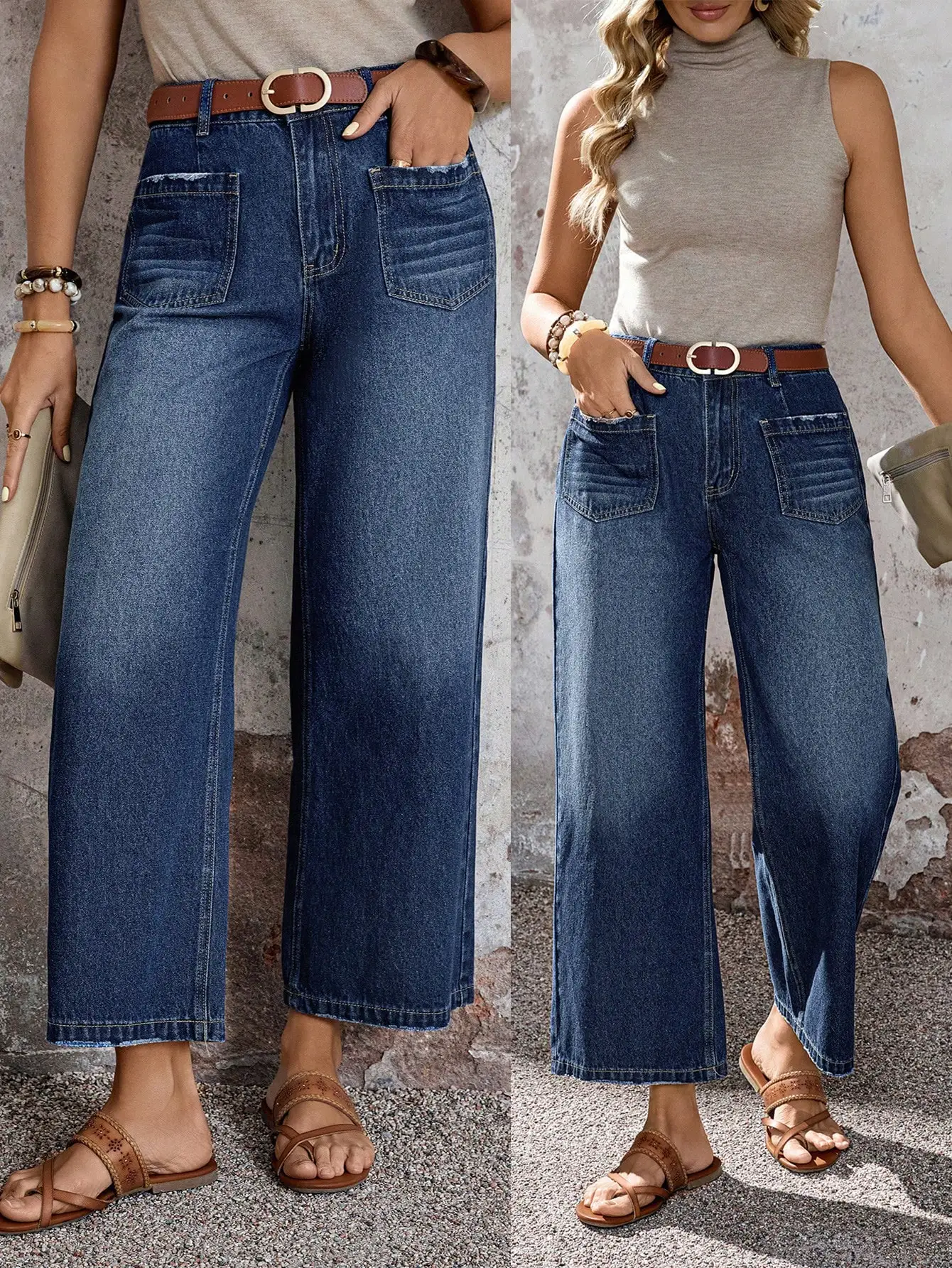 

Women Wide Leg Denim Pants With Drawstring Waist Casual Loose Fit