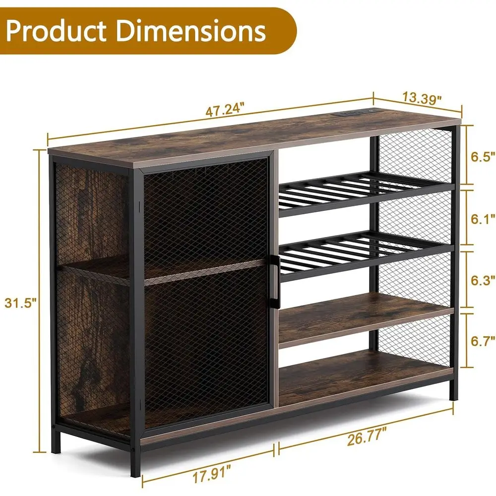 Adjustable LED Light Wine Bar Cabinet, Compact Sideboard with Rack & Cup Holder, Mesh Door Coffee Cabinet for Kitchen, Dining, L