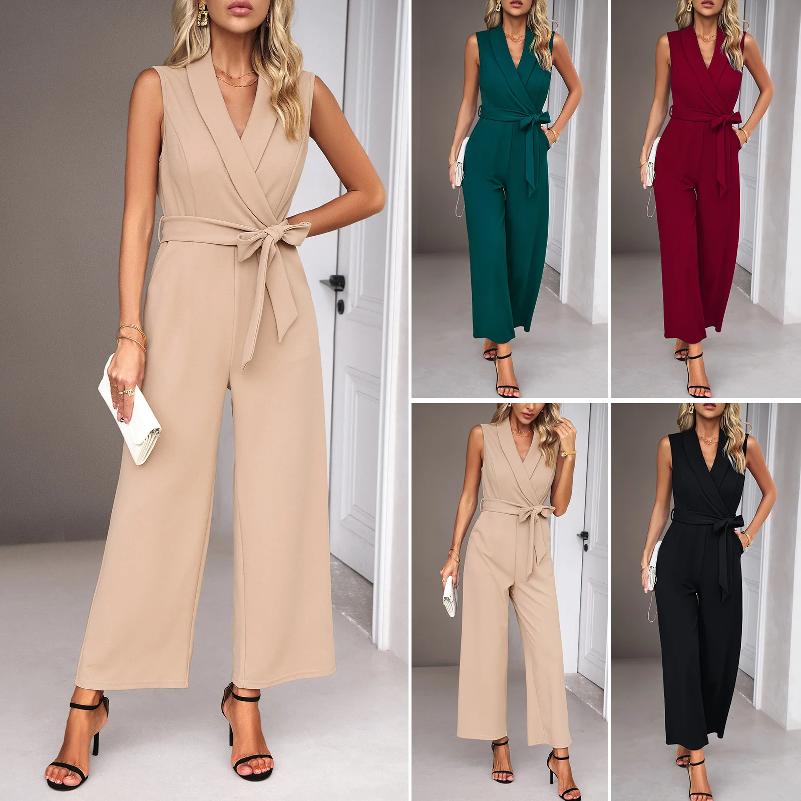 

Elegant Summer Long Jumpsuit Women Pants V Neck Wide Leg Solid Color Party Overalls Female Loose Office Lady Work Playsuits