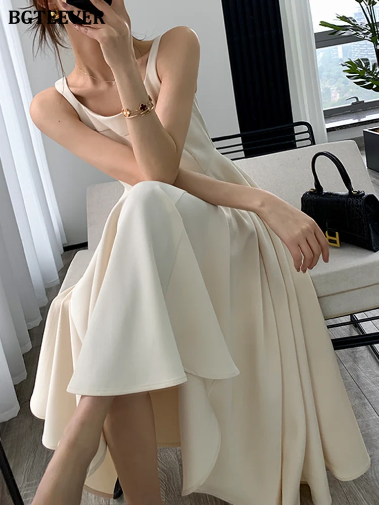 BGTEEVER Summer Sleeveless Women A-line Dress Elegant Spaghetti Strap Slim Waist Female Pleated Dress Ladies Midi Vestidos