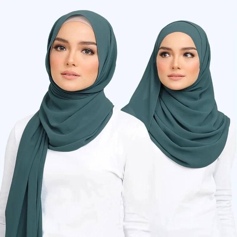 Foulard Hijab Musulman en Mousseline de Soie pour Femme, Long, Solide, Document, Tête Ronde, Voile, Jersey