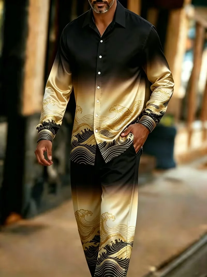New Men's New Chinese Wave Gradient Set with Collar, Long Sleeve Shirt, Long Pants, Two Piece Set for Party Men's Wear