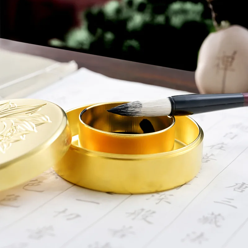Brass Ink Slab for Hot Pot Style, Multi-functional Ink Stone, Special for Calligraphy, Ink Dish and Brush Washer with Lid