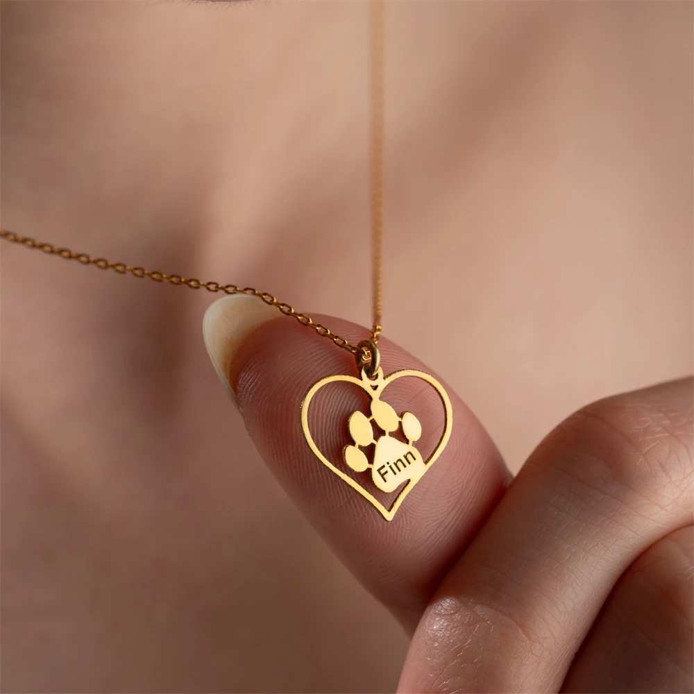 Dog Cat Paw Print Necklace Custom Jewelry Engraved Pet Name Love Heart Pendant Necklace Stainless Steel Choker Pet Memorial Gift