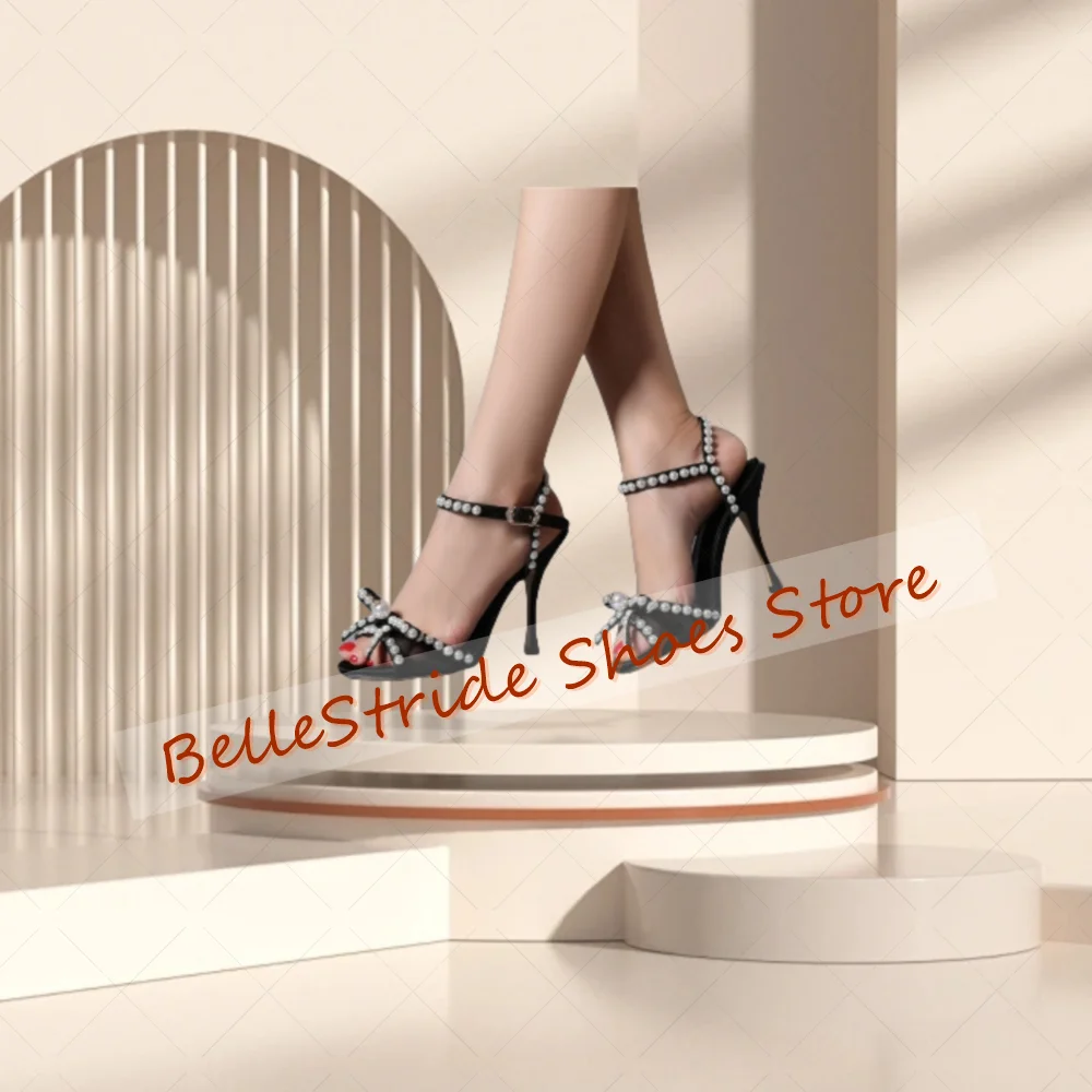 الوردي اللؤلؤ القوس عقدة ديكور الصنادل مشبك حزام أحذية النساء الخناجر عالية الكعب مأدبة الحفلات يؤرخ 2025 Zapatos Para Mujere