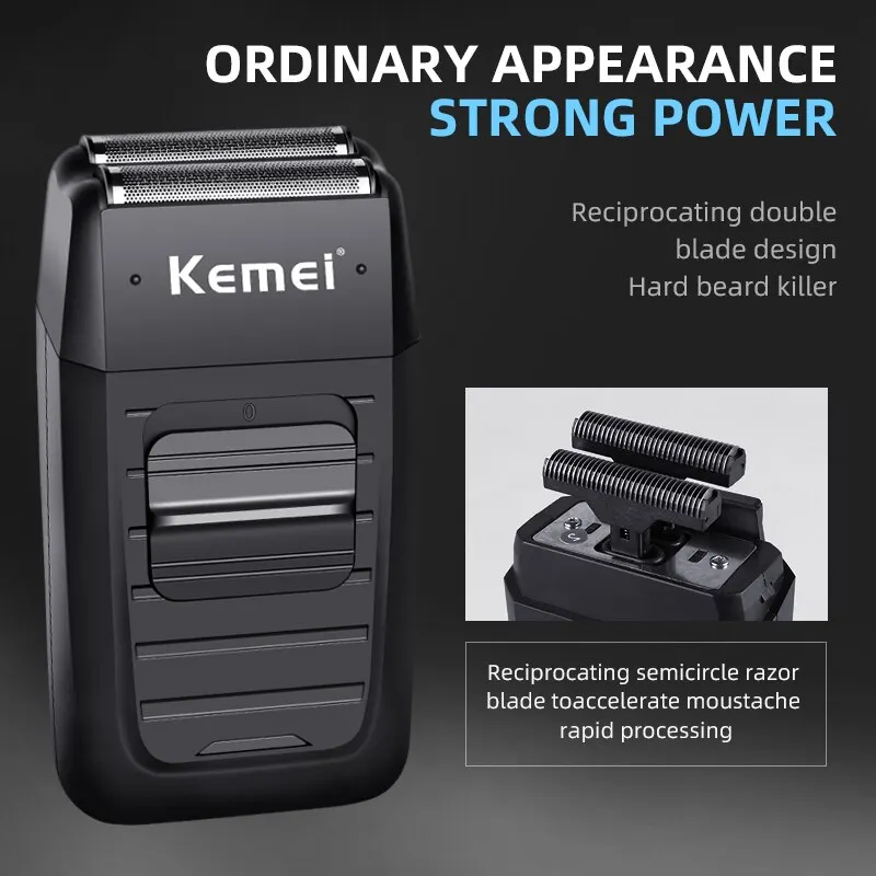 Kemei-1102 Barbeador sem fio recarregável para homens, lâmina gêmea, navalha de barba alternativa, cuidado facial, aparador forte multifunções