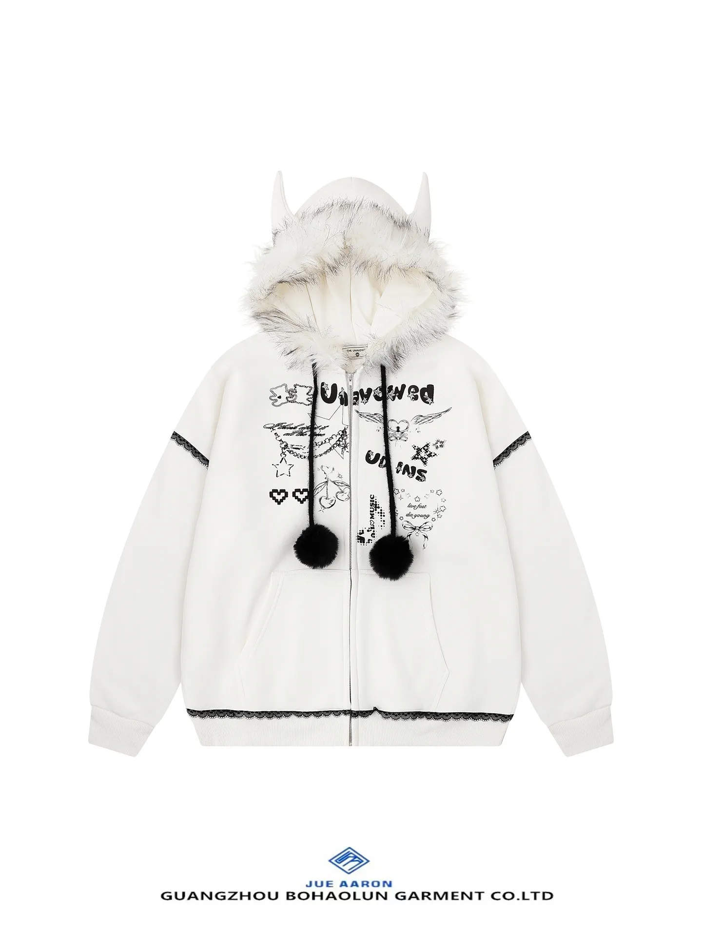JueAaron American Retro Hooded Jaet Men's Trendy Loose Print Fur Collar Cardigan Couple's Fce Winter Outerwear