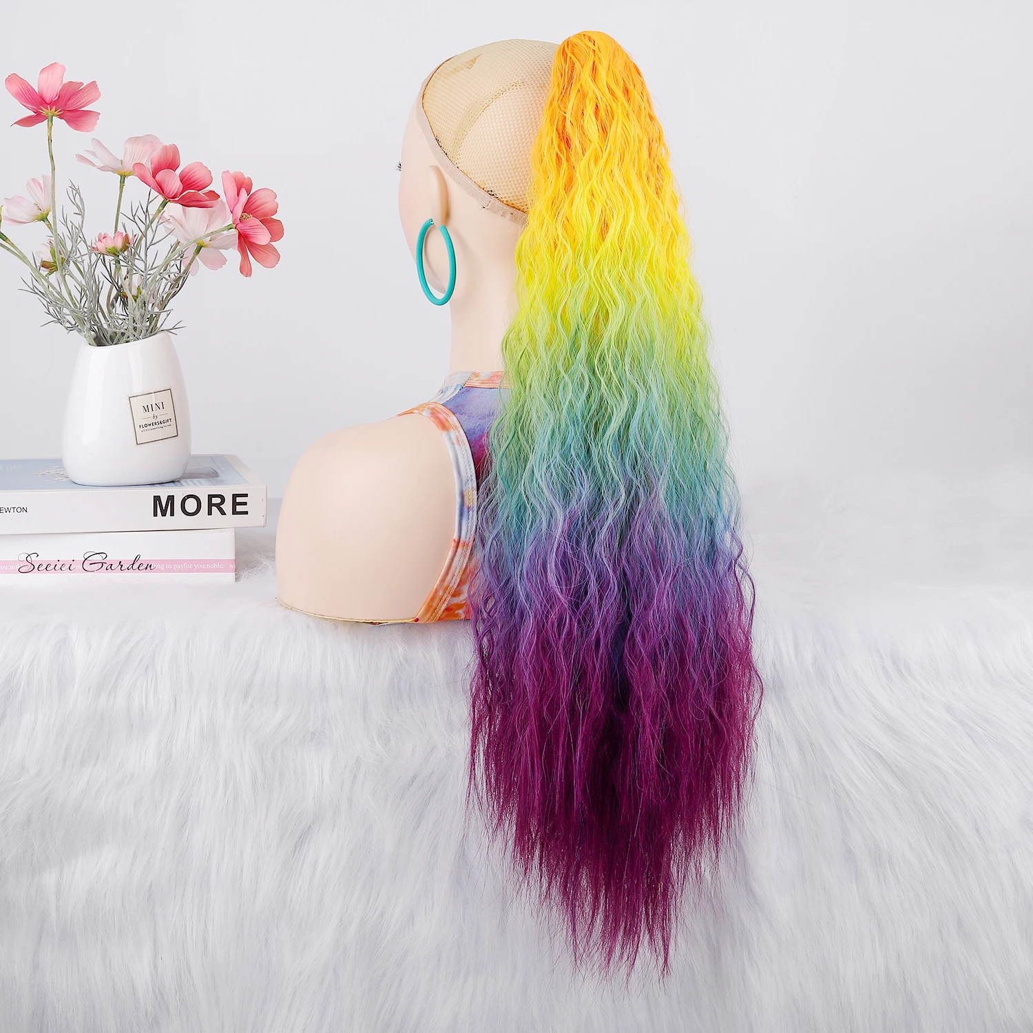 

Curly Ponytail Hair Extension Rainbow Ombre Pony Tail Synthetic Ponytails Cosplay Hairpieces Daily Party Looks
