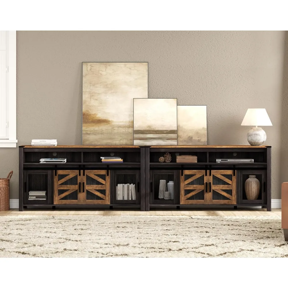 Set of 2 Farmhouse TV Stands with Mesh & Barn Doors for 100+ Inch TV, Antique Black & Brown 118