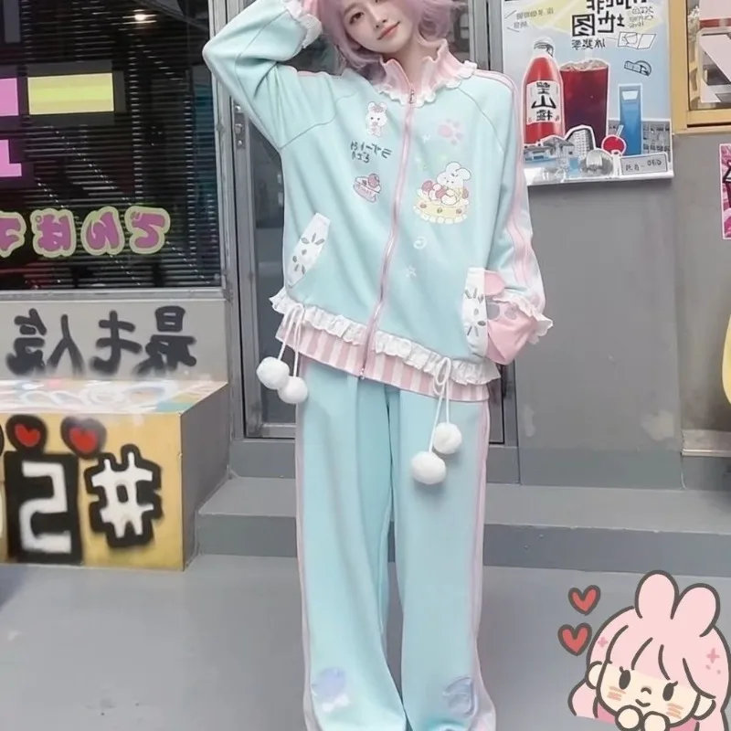 

Japanese Sweet Cute Anime Otaku Girl Lace Stripe Stand Collar Zip Up Sweatshirt Coat + Sweatpants Two Piece Sets Womens Outifits