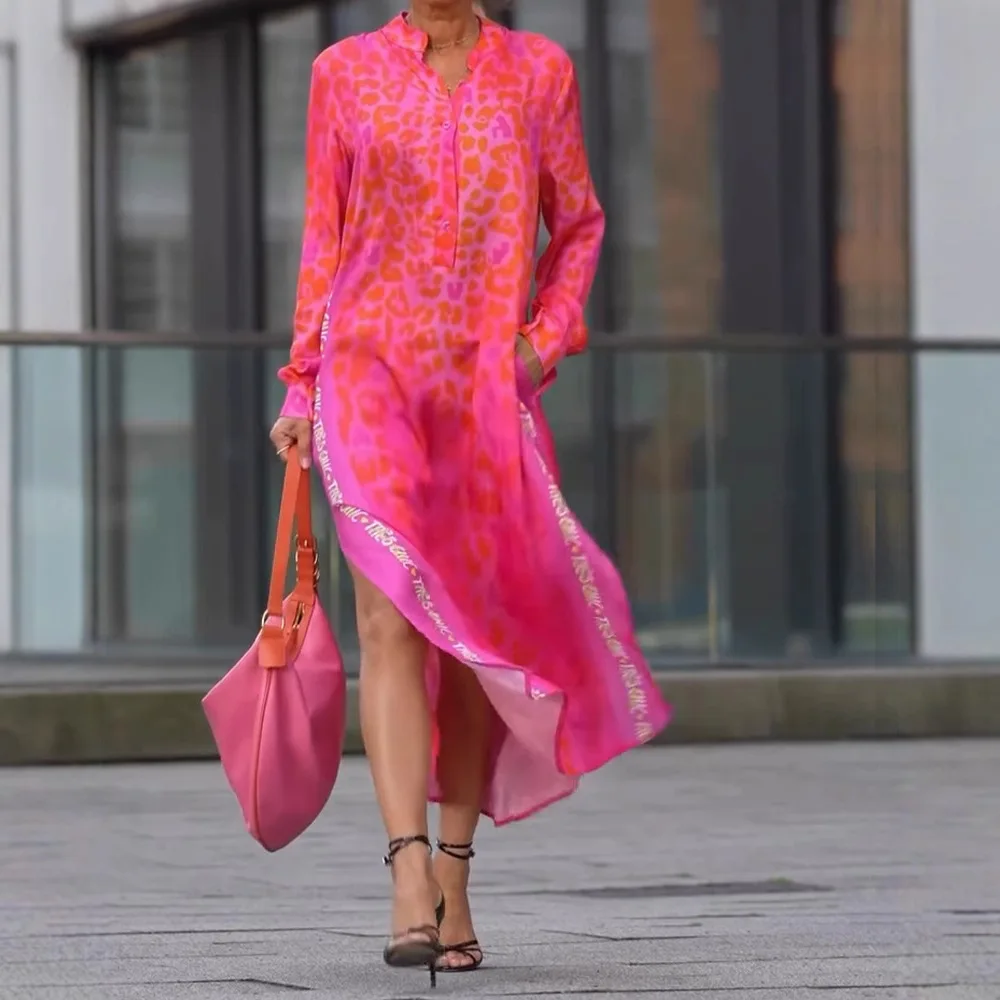 

Elegant Mature Women's Dress 2025 Summer New Style Printed Long-sleeved V-neck Leopard Print Split Pocket Dress For Women's Wear
