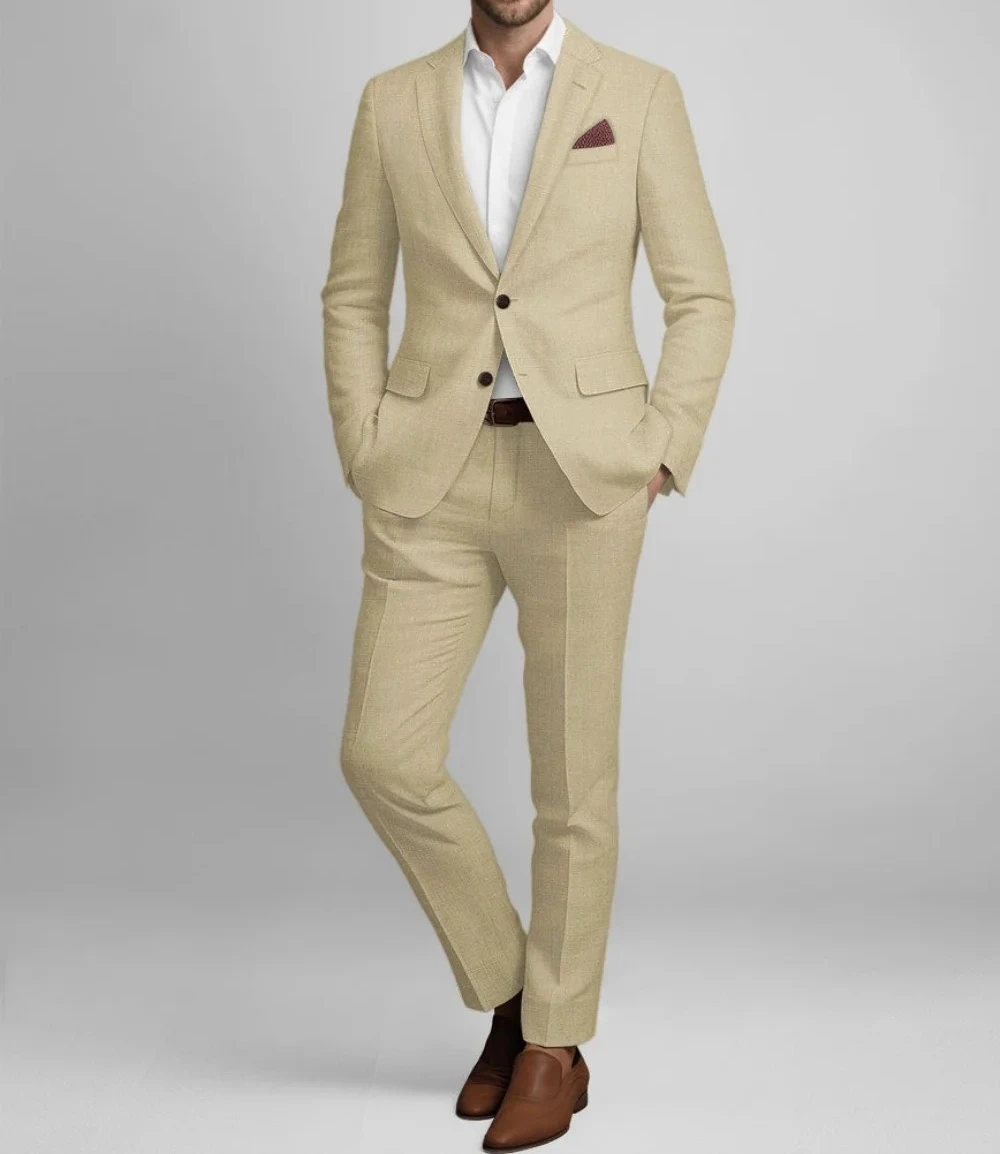 Beige Linen Mens Formal 2Pcs Suit With Slim Cut Blazer And Matching Trousers Elegant Business And Wedding Attire For Men