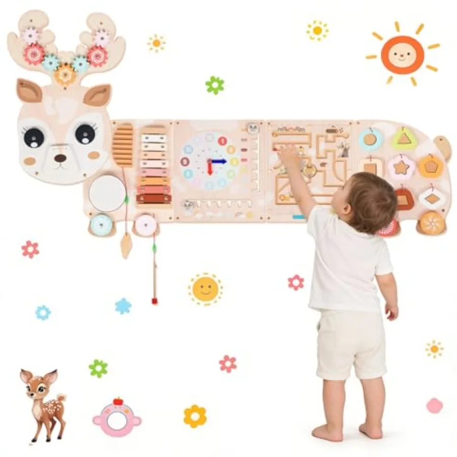 

Reindeer Activity Wall Busy Board Panels 12-in-1 Wooden Sensory Wall Panel for Natural Wood Color Montessori Learning Activity
