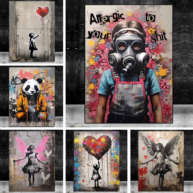 البوب شارع الكتابة على الجدران جدار الفن بانكسي صبي فتاة مع بالون على قماش الملصقات والمطبوعات اللوحة لغرفة المعيشة ديكور المنزل الهدايا