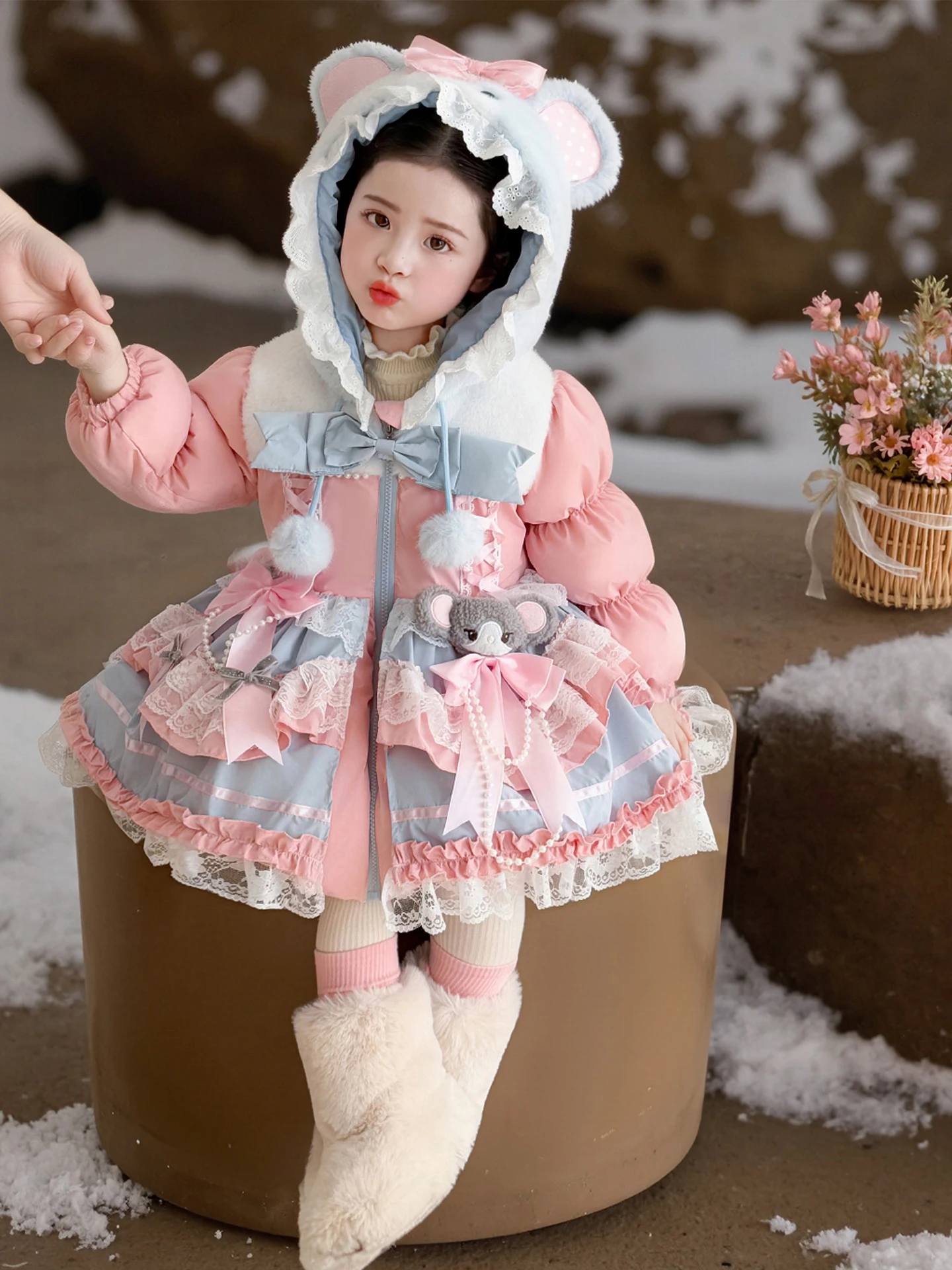 

Sweet Princ Sle Children's down Jaet Warm Cartoon Lolita Design Baby Girl Coat Thiened Long Sve Zipper Closure