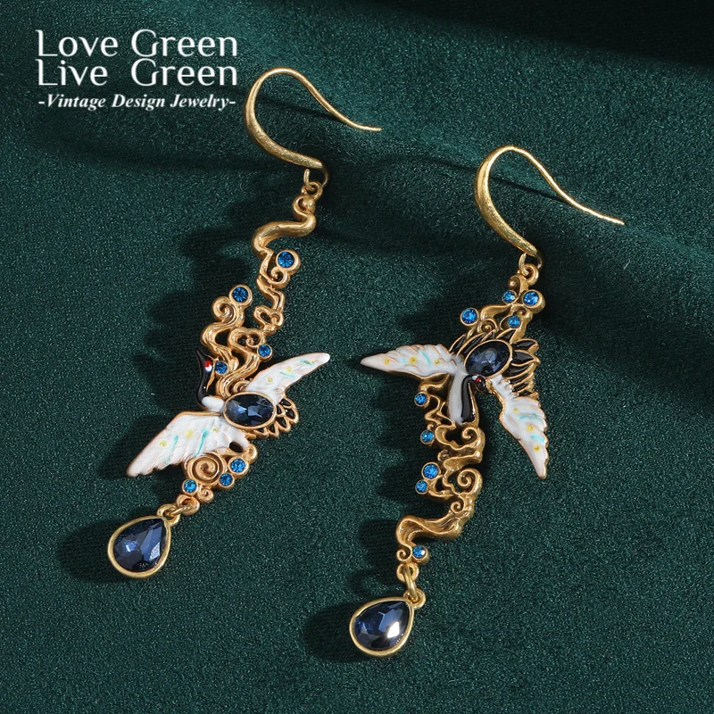 

Vintage Crane Long Earrings Elegant Dangle For Woman Crystal Luxury Quality Jewelry Flower Antique Gold Color Mother Day Gift