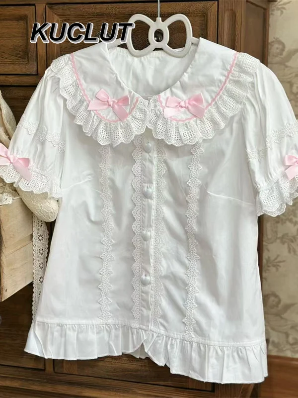 Women's Tops Summer Fashion White Shirt Original 2025 New Bow Doll Collar White Lolita Style Inner Short Sleeve Blouse