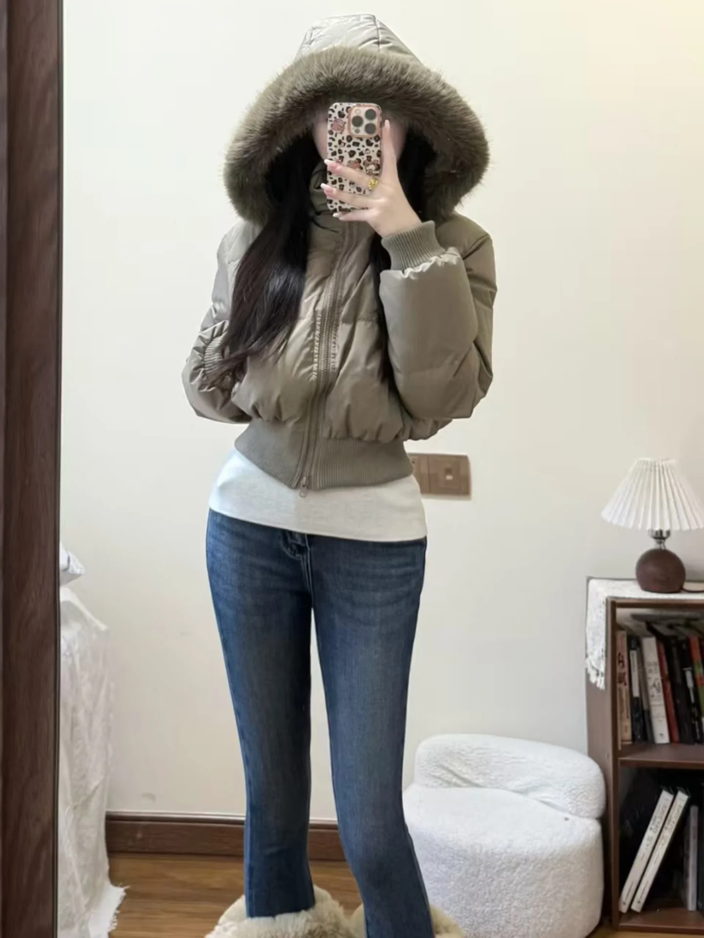 

Retro Fur Collar Hooded Cotton Jaet Women's ort American Sle Winter New Warmth Outerwear High-End Thiened Cotton Coat