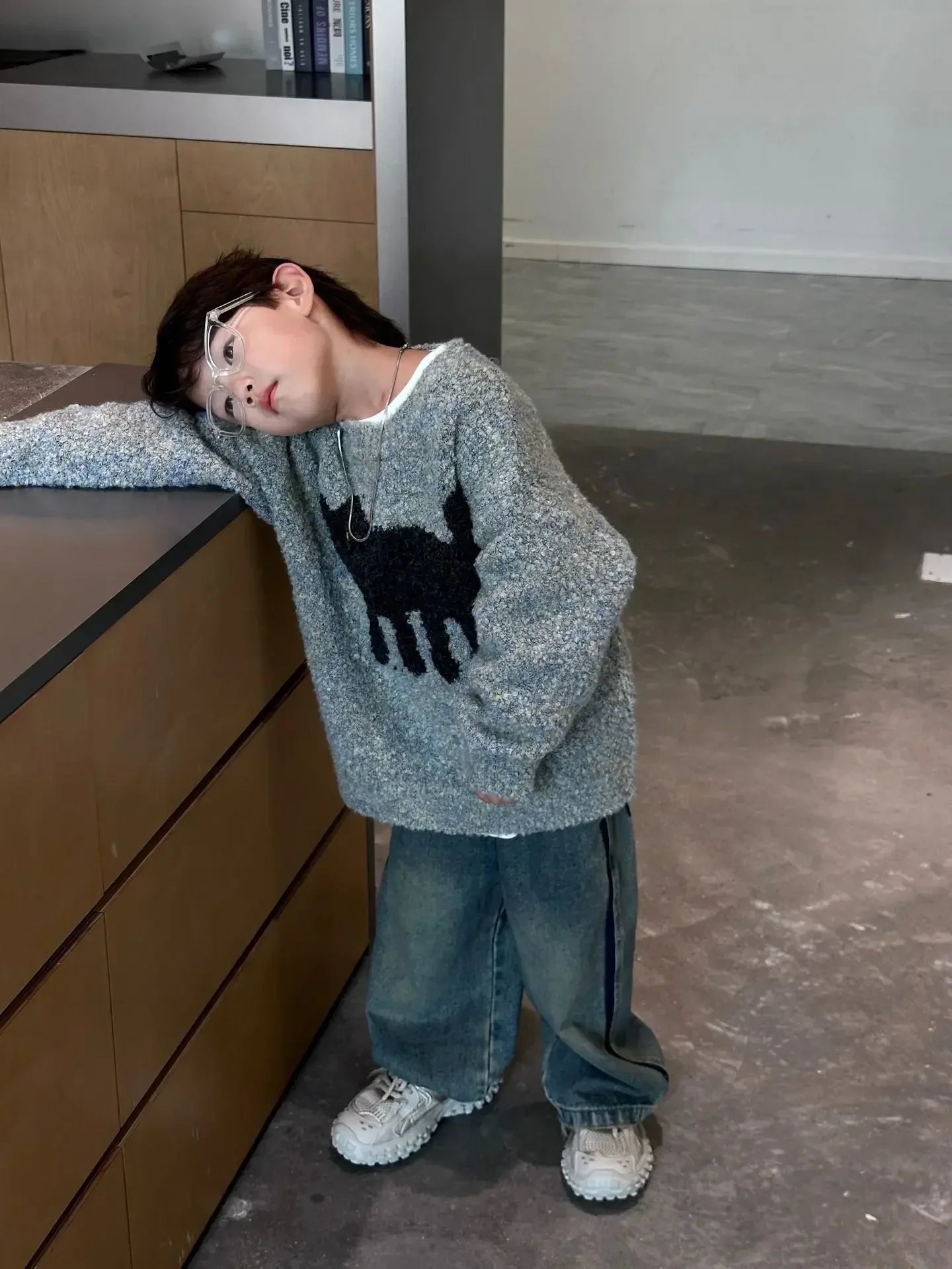 

2024, свитер для мальчиков, детский свитер в корейском стиле с ленивым котом и героями мультфильмов, повседневный пуловер, топ, вязаные свитера, одежда, детский трикотаж