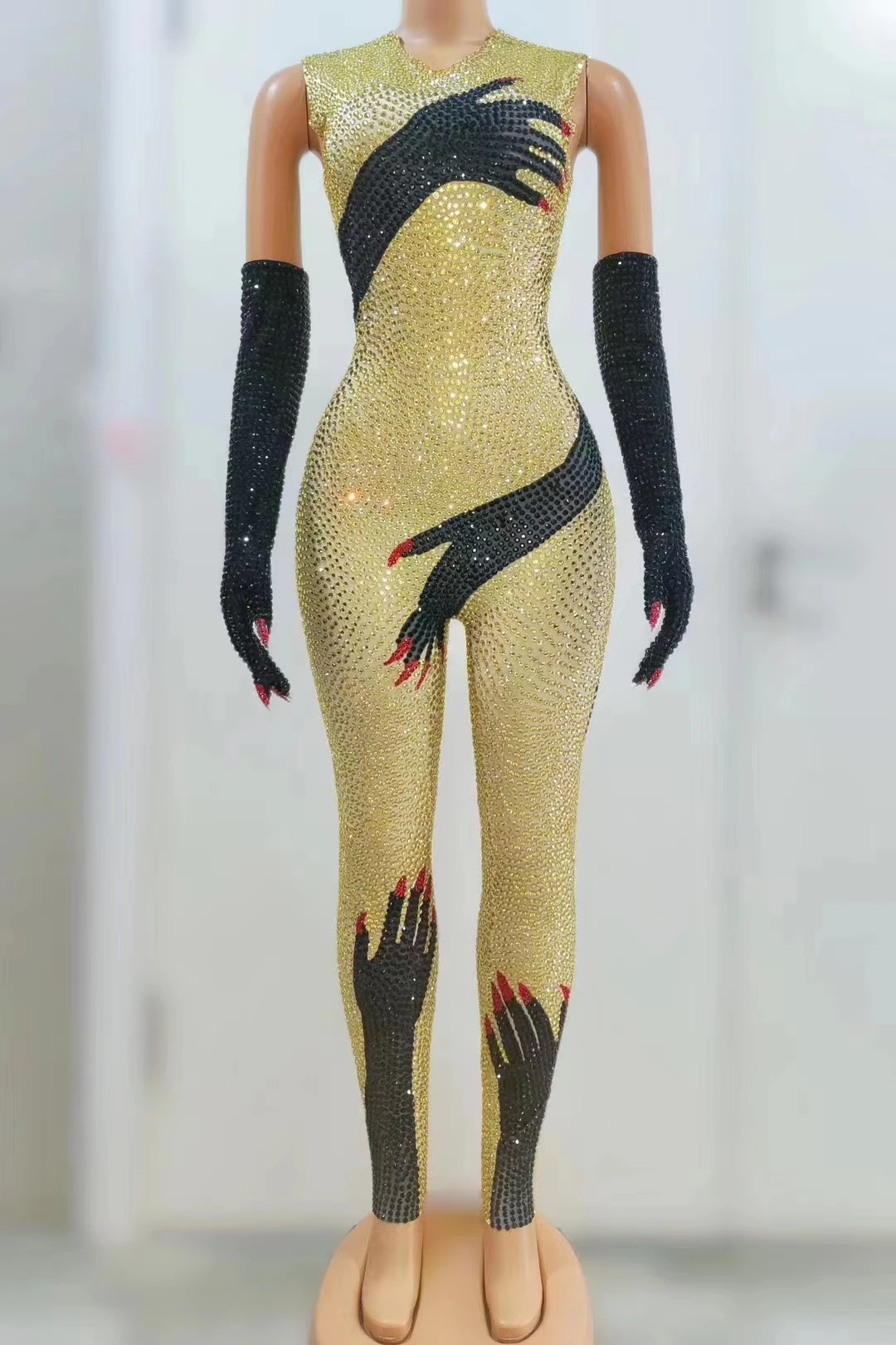 Combinaison à paillettes noires et dorées pour femmes, tenue sexy de danse populaire, gants de fête, costume de drag queen, B172