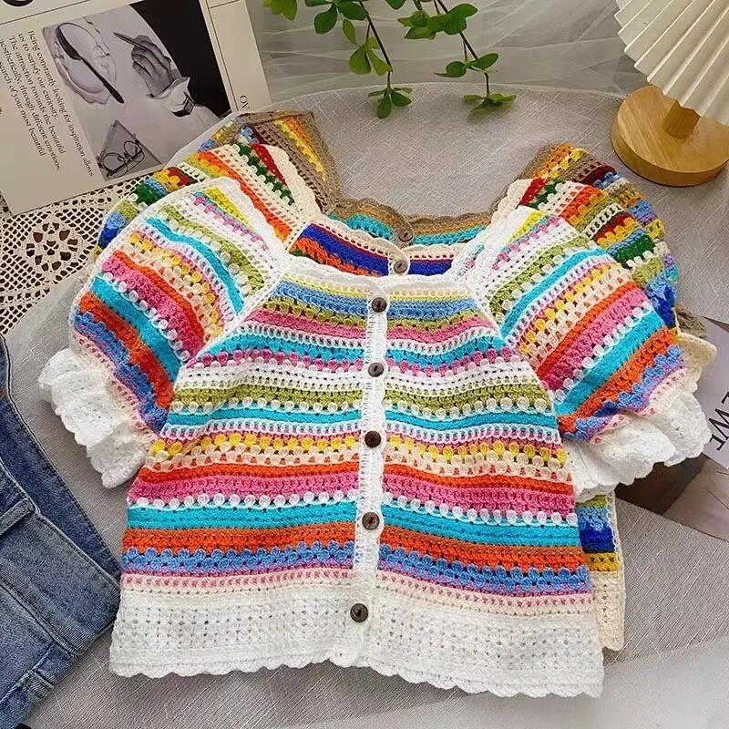 

Summer Bohemian Lace Crochet Women's T-shirts 2025 New Short Sleeve Square Collar Hollow Out Knitwear Tops Tee for Women 2025