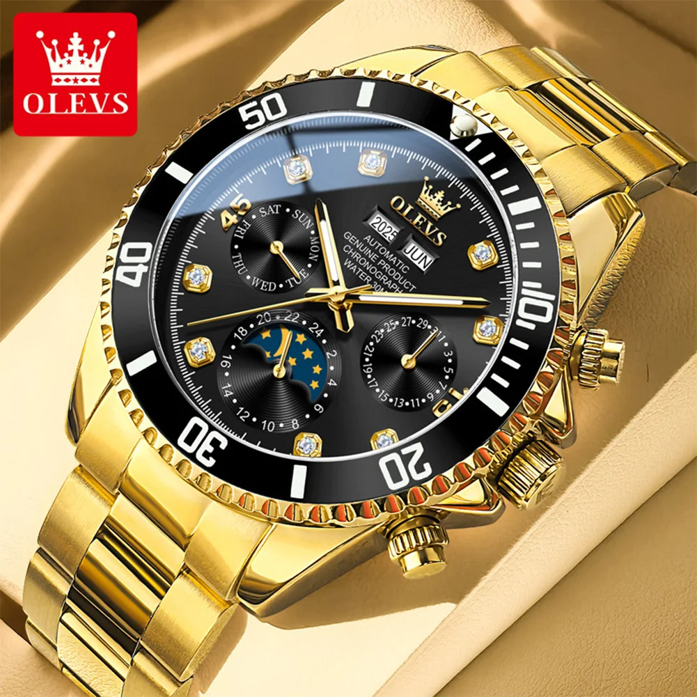 OLEVS 6729 Mens Watch Fully Automatic Mechanical Watch Waterproof Stainless Steel Moon Phase Watches For Men Original Men Gifts