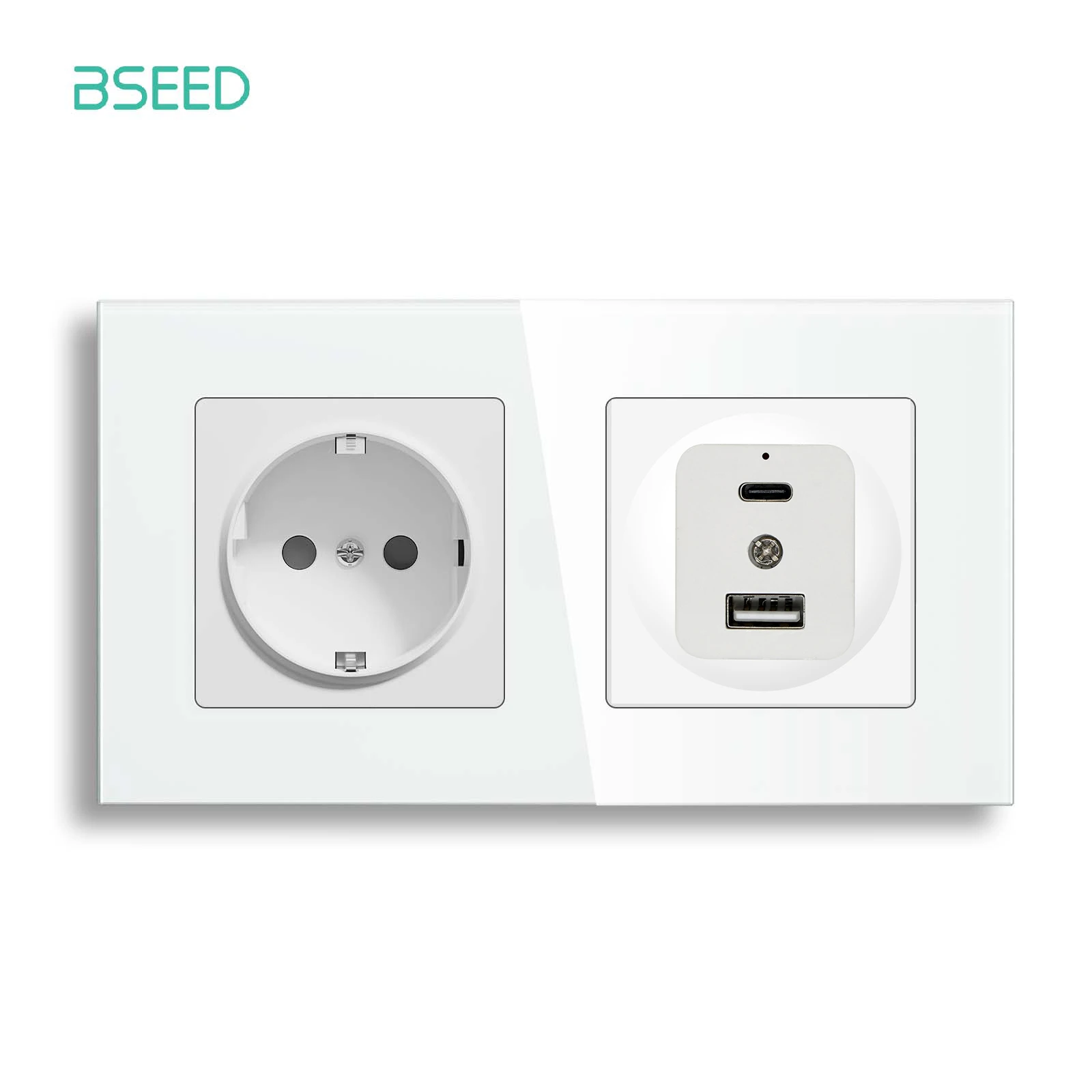 BSEED EU Standard Wall Power Socket USB Type-C Charge Socket PD20W Fast Charge Port Crystal Glass Panel 110V-220V USB Connector