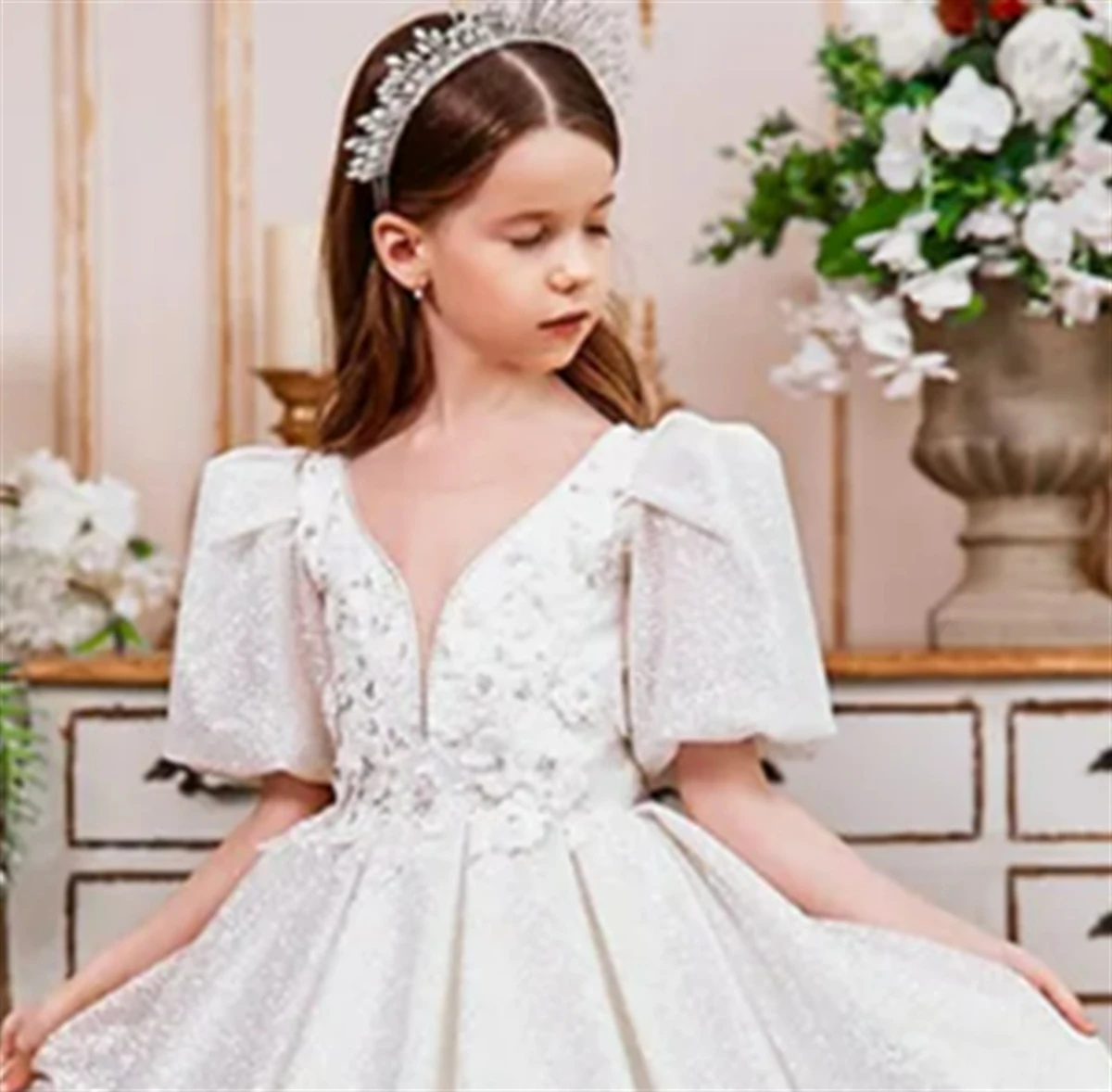 Flower Girl Dress White Fluffy Stain Lace sparkle Applique Wedding Elegant Flower Child's First Eucharistic Prom Party Dress