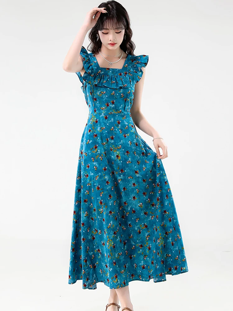 2025 Blue Floral Ruffled Square Collar Sleeveless Dress Summer Elegant Luxury Long Dress Women Korean Vintage Bodycon Prom Dress