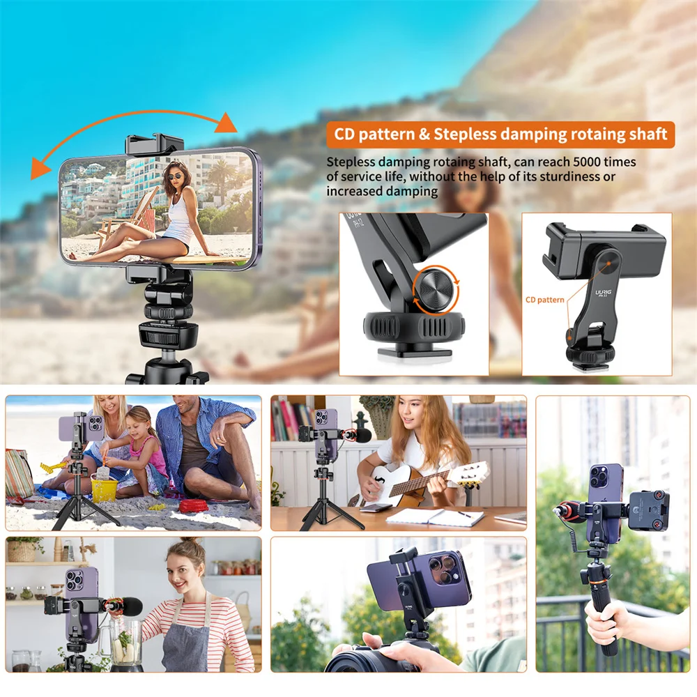 UURIG Tripod dudukan ponsel, logam 360 dapat diputar dengan sepatu dingin untuk mikrofon klip ponsel untuk Iphone 14 13 12 Samsung ponsel pintar