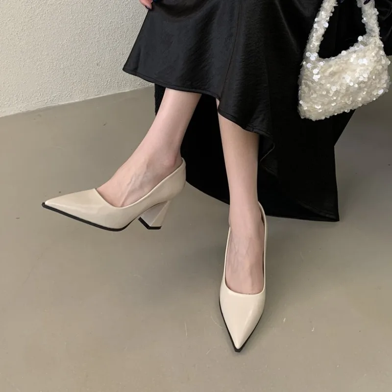 

Aneikeh Spring Concise Fashion High Heels Black Classic Slip-On Chunky Heel Women's Banquet Prom Dress Party Single Shoes