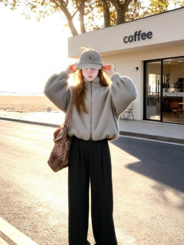 Loose Fit Lange Sve Stand Kraag Bont Jaet Dames Herfst Winter Warme Zachte Bovenkleding Koreaanse Sle Lazy Faion