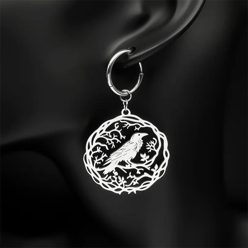 Gothic Black Crow Tree Of Life Bird Dangle Earrings For Women Men Stainless Steel Raven Animal Plant Jewelry Party Gift ZZZ955