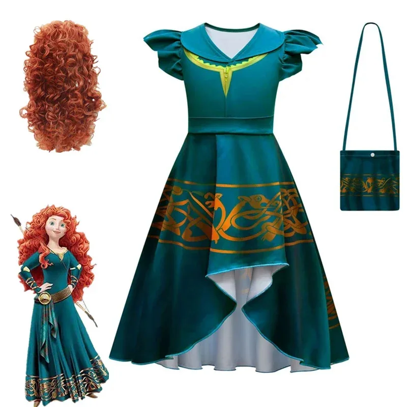 Hot Movie Brave Merida Costume for Girls Halloween Princess Dress Wig Kids Carnival Fantasia Children Xmas Party Cosplay Costume
