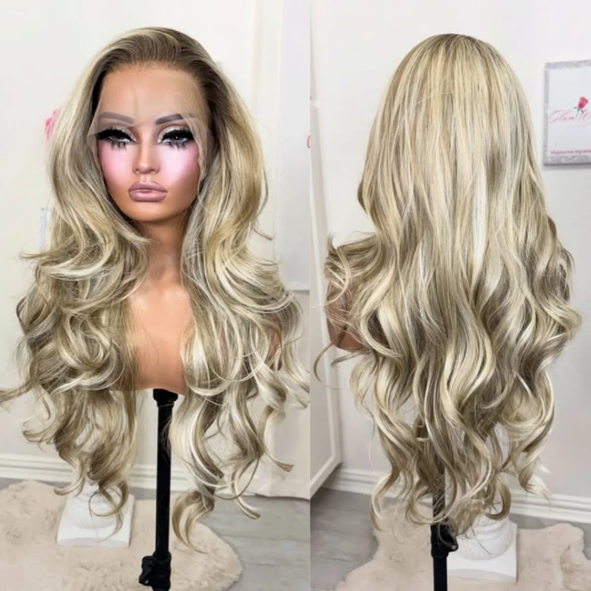 

Balayage Wig Brown Blonde Body Wave Lace Front Wig 13x4 HD Highlight Ombre Synthetic High Quality Glueless Pre Plucked For Women
