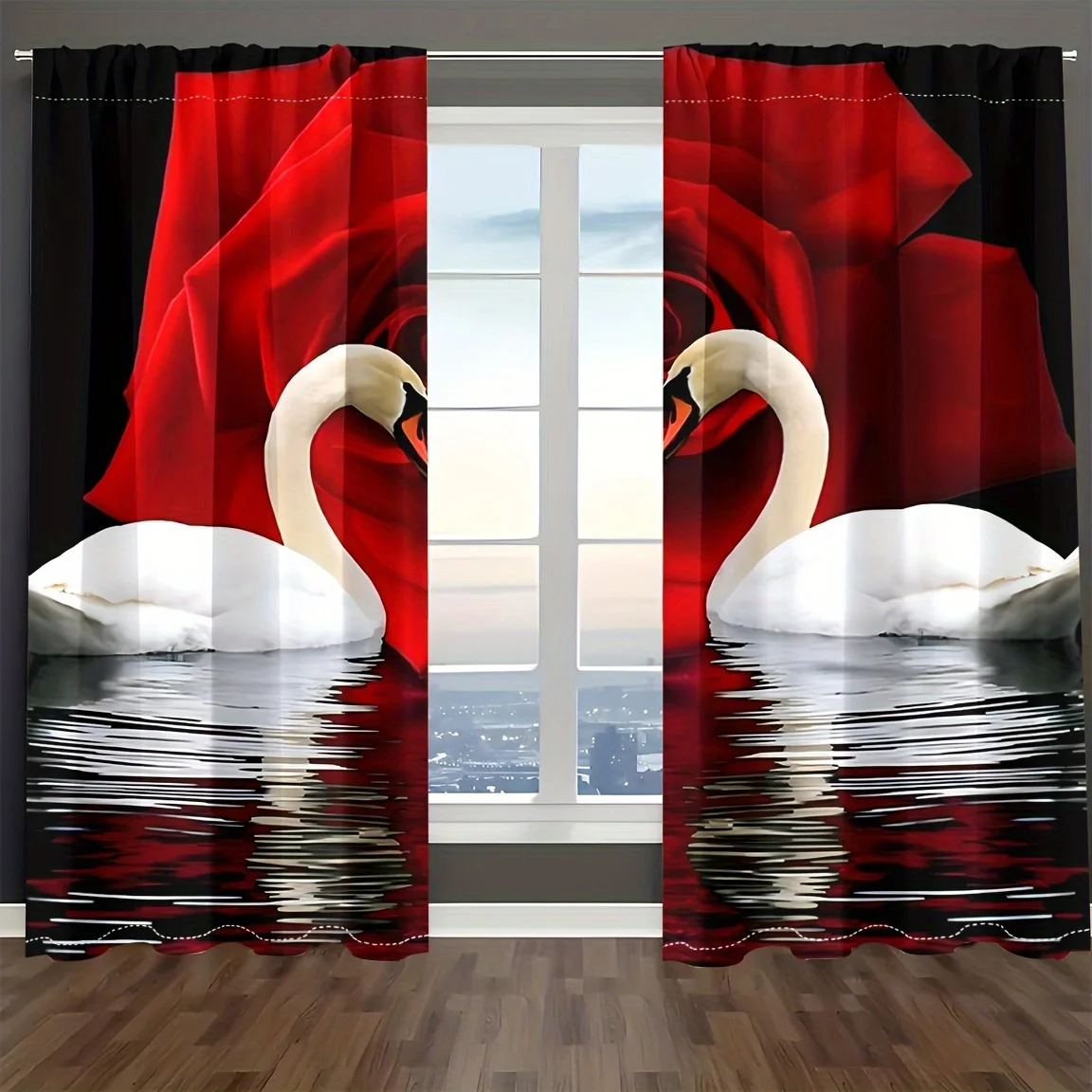 

3D Print Modern Swans and Rose on the Water Flower Two Thin Window Curtains for Living Room Bedroom Decor 2 Pieces cortinas